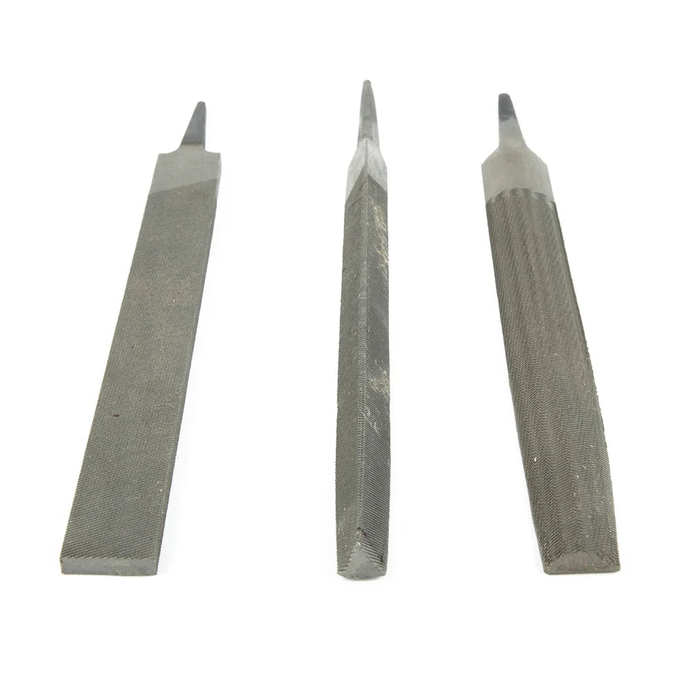 Three 6-inch flat diamond files for chainsaw sharpening, shown vertically.