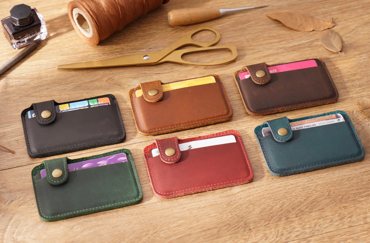 Vintage Leather Slim Card Holder with Snap Closure