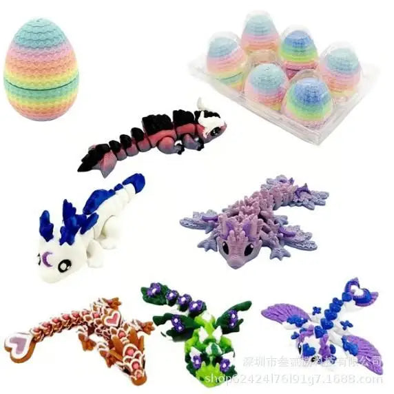 Set of six articulated mini dragons in various colors and textures for Easter and decor