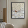 A framed painting depicting a snowy winter scene with birch trees, white pearls scattered on the ground, and a wooden cabin.