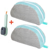 A gray and light blue shoe washing machine bag with a soft cleaning brush set.