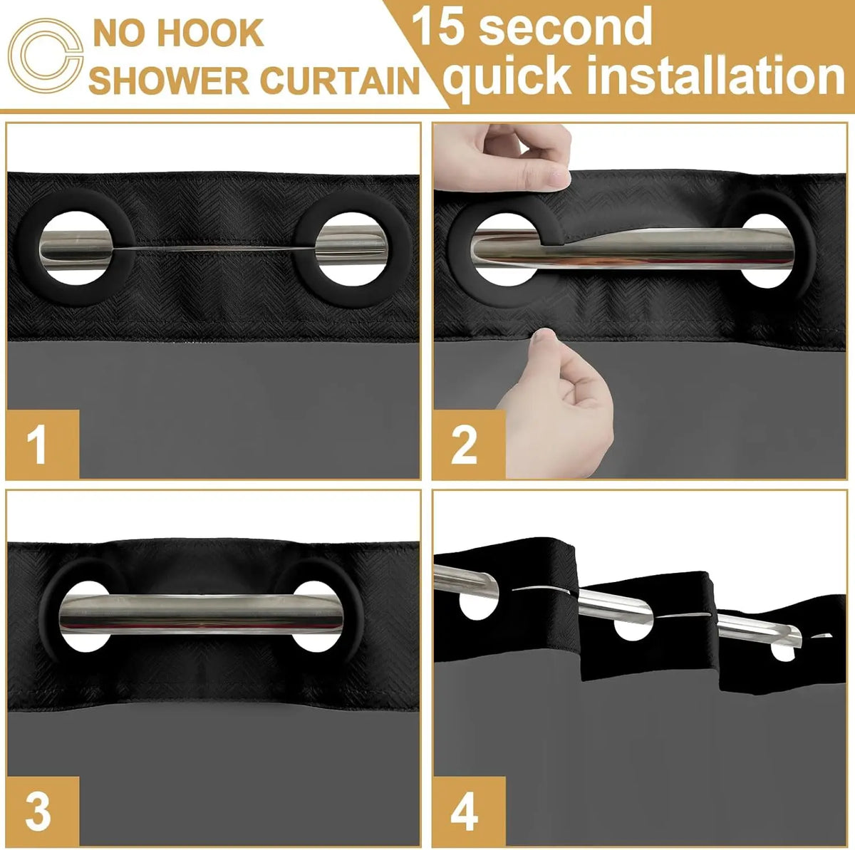 Four steps showing the quick installation of a no hook shower curtain using a snap-in liner.
