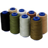 A collection of ten spools of heavy-duty polyester thread in various colors including black, olive green, beige, and light gr