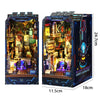 A detailed wooden book nook kit featuring miniature scenes and LED lighting displays.