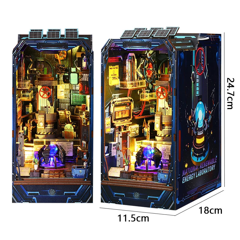 A detailed wooden book nook kit featuring miniature scenes and LED lighting displays.