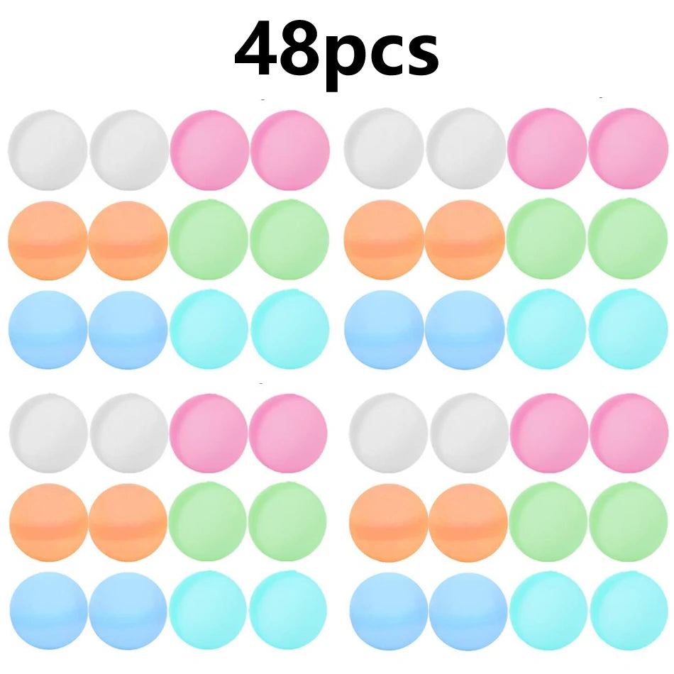 A grid of 48 reusable silicone water balloons in various pastel colors including white, pink, green, and blue.