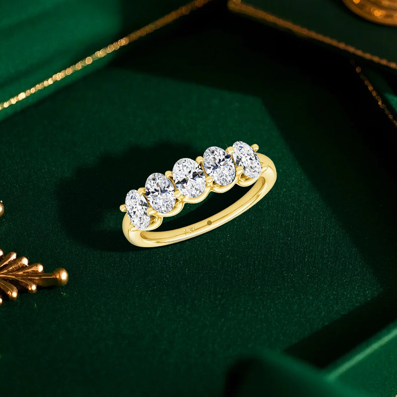 Oval Moissanite Five-Stone Ring in Solid 14K Yellow Gold