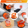 Orange heavy duty car dent puller kit with two suction cups shown in various uses.