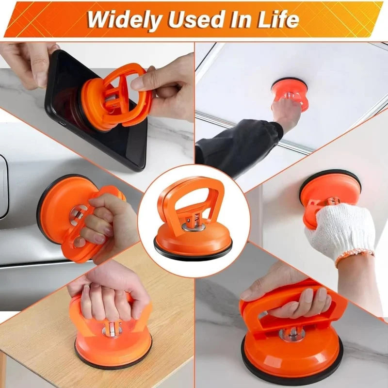 Orange heavy duty car dent puller kit with two suction cups shown in various uses.
