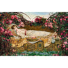 Victorian fairy canvas wall art featuring an ethereal portrait of a woman amidst lush pink and red floral greenery.