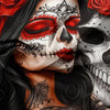 A close-up of a face painted like a sugar skull with red and black details, featuring floral accents on a dark background.