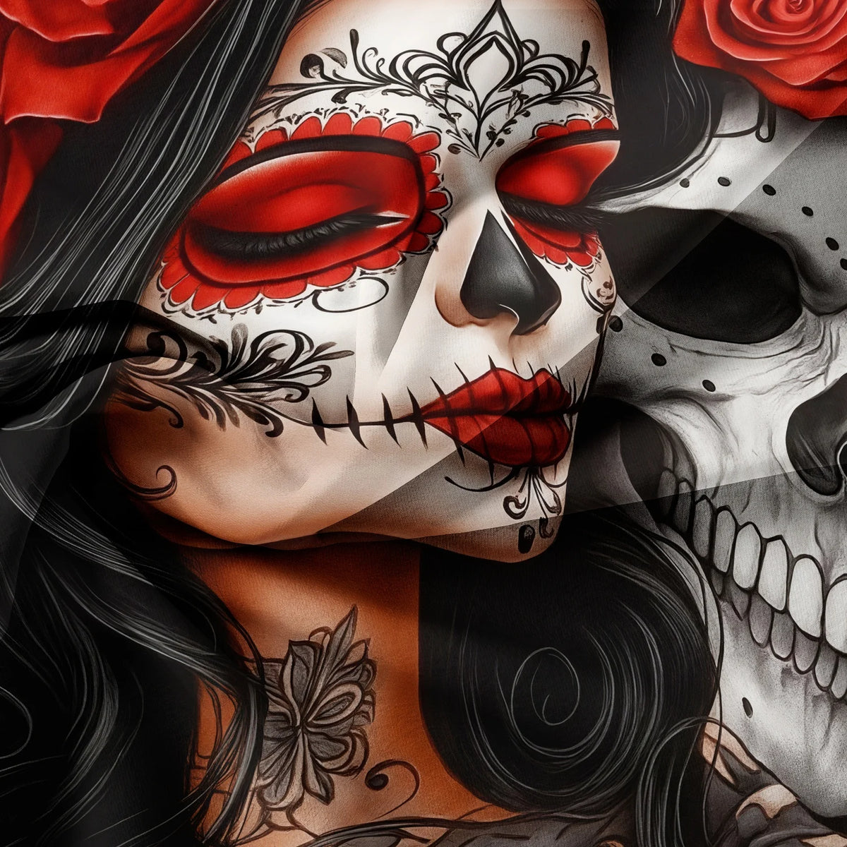 A close-up of a face painted like a sugar skull with red and black details, featuring floral accents on a dark background.