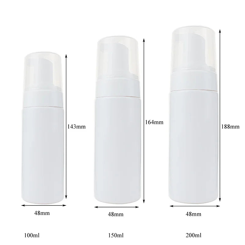 Three white refillable foaming soap dispenser bottles of different sizes 100ml 150ml and 200ml