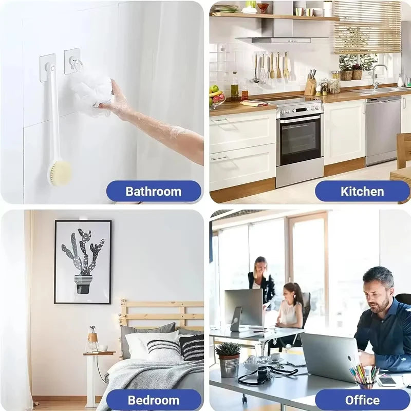 A collection of strong adhesive hooks used for various mounting purposes in a bathroom, kitchen, bedroom, and office setting.