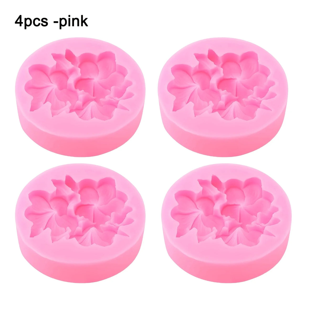 Four pink silicone floral molds for crafting candles, soap, resin, and plaster