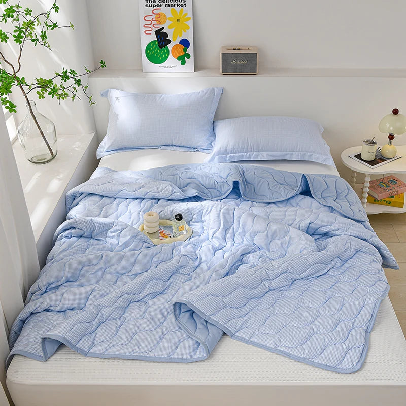 Light blue quilted blanket draped over a bed with pillows and a plant in a bright room.