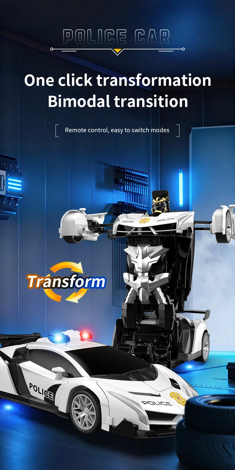 1:18 Scale RC Stunt Car with 360° Spin, LED Lights & One-Button Transformation