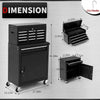 A black 5-drawer rolling tool cabinet with a detachable tool chest shown in various views.