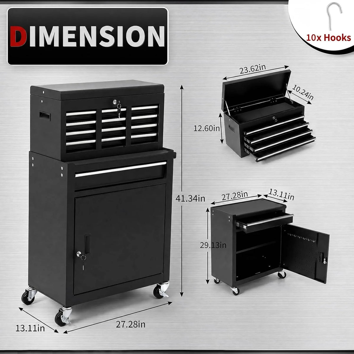 A black 5-drawer rolling tool cabinet with a detachable tool chest shown in various views.