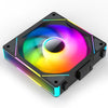 Schwarzer PC-Kühlerlüfter mit Spiegel-Licht-Effekt und farbigem RGB-Licht von oben sichtbar.
