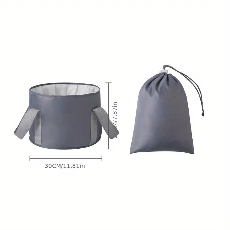 A gray collapsible foot bath tub with an insulated liner and a matching travel storage bag.
