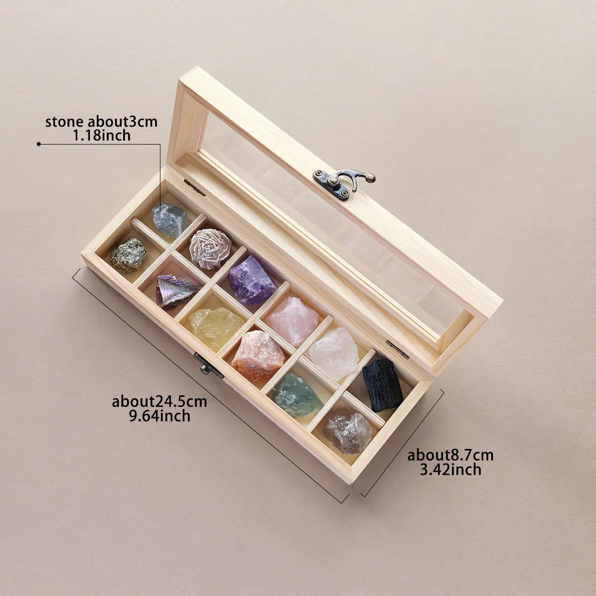 A wooden gift box containing twelve natural amethyst crystal stones.