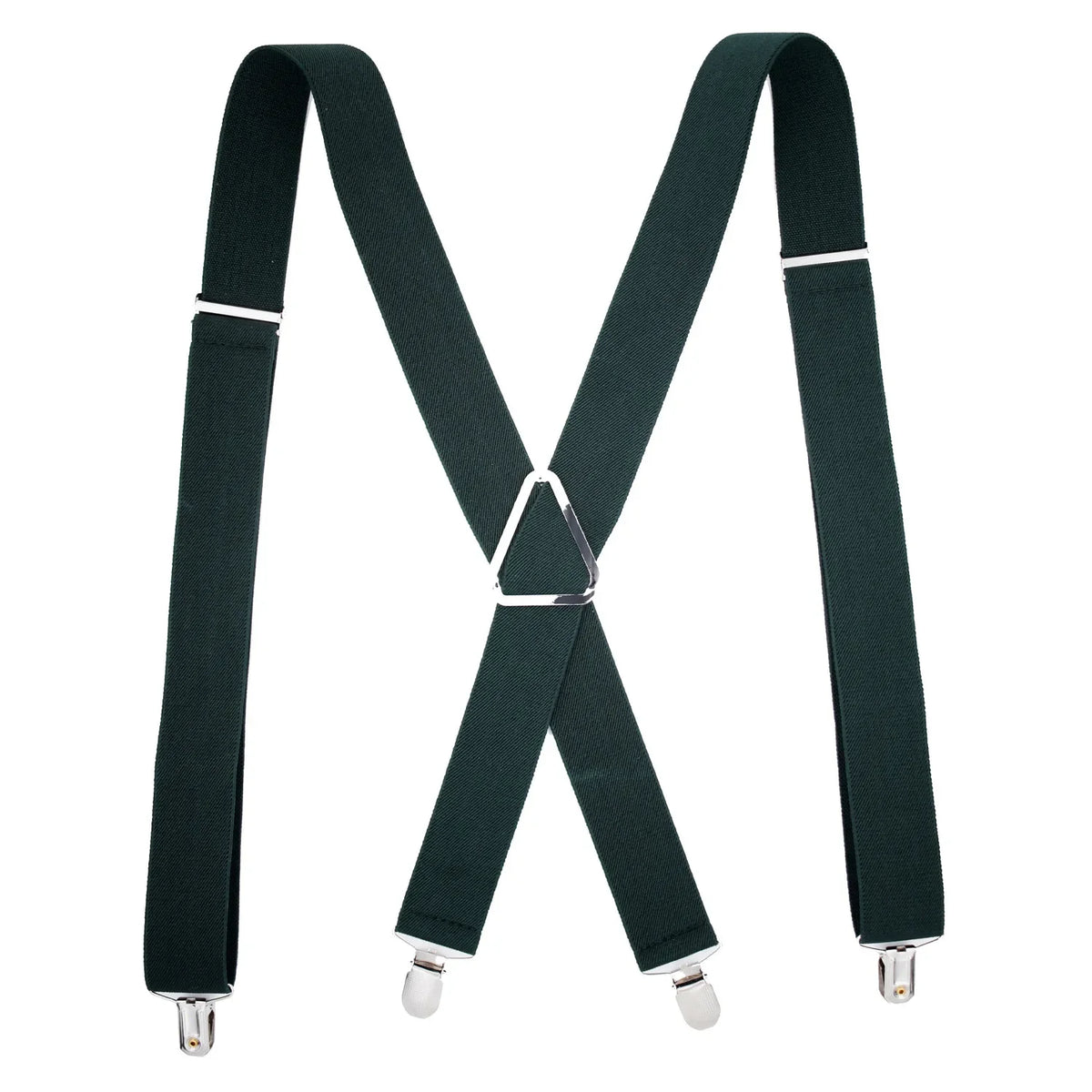 A pair of dark green suspenders with metal clips shown against a white background.