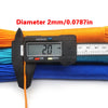 A black digital caliper measures the diameter of orange paracord, displaying 2.0 mm.