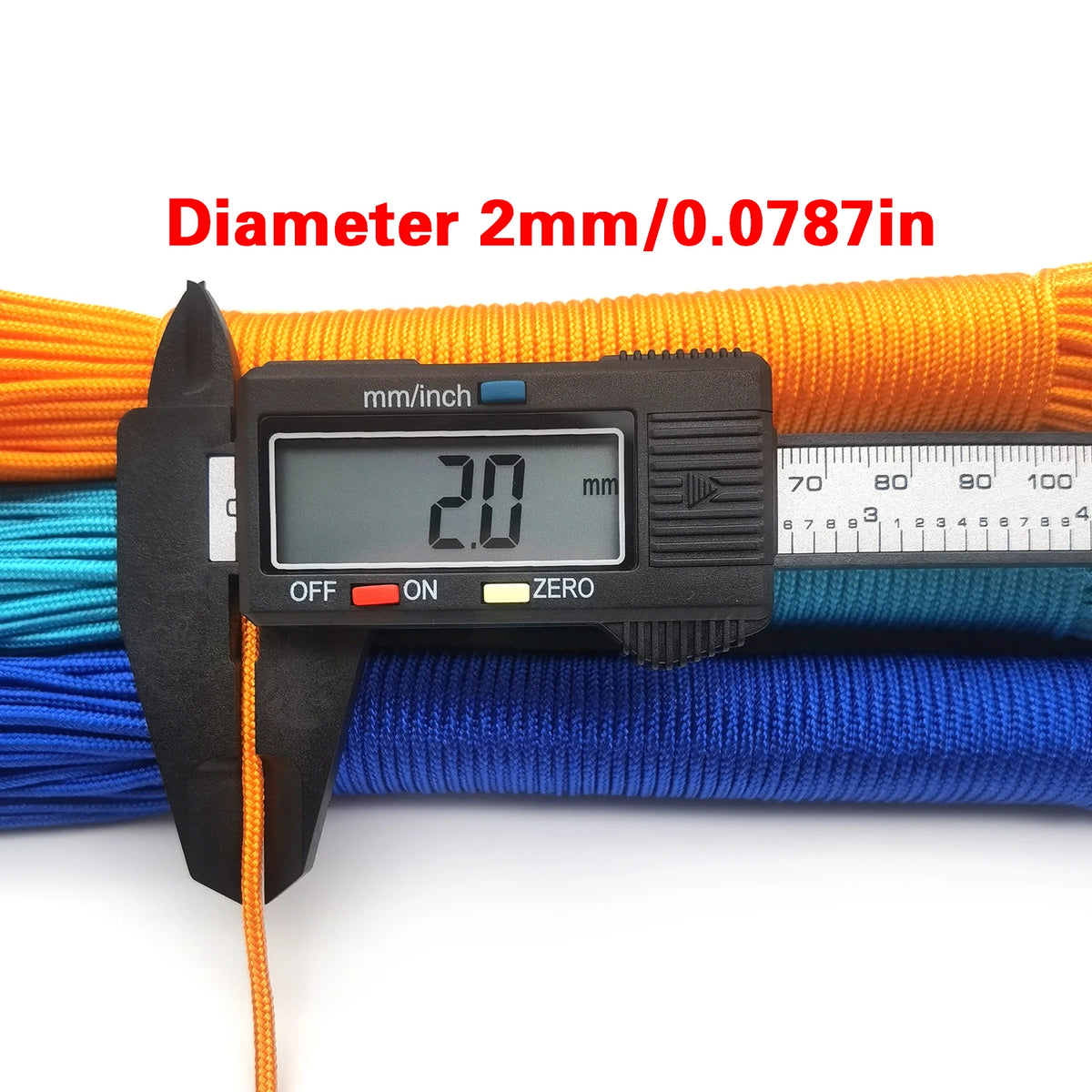 A black digital caliper measures the diameter of orange paracord, displaying 2.0 mm.