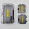 A set of three gray DEWALT TSTAK mini tough tool cases with yellow labeling shown on a white background.