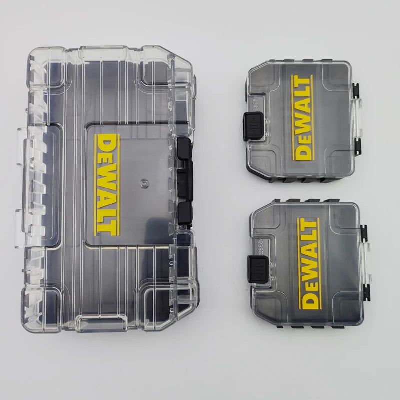A set of three gray DEWALT TSTAK mini tough tool cases with yellow labeling shown on a white background.