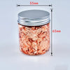 A glass jar filled with metallic rose gold foil flakes, sealed with a silver lid.