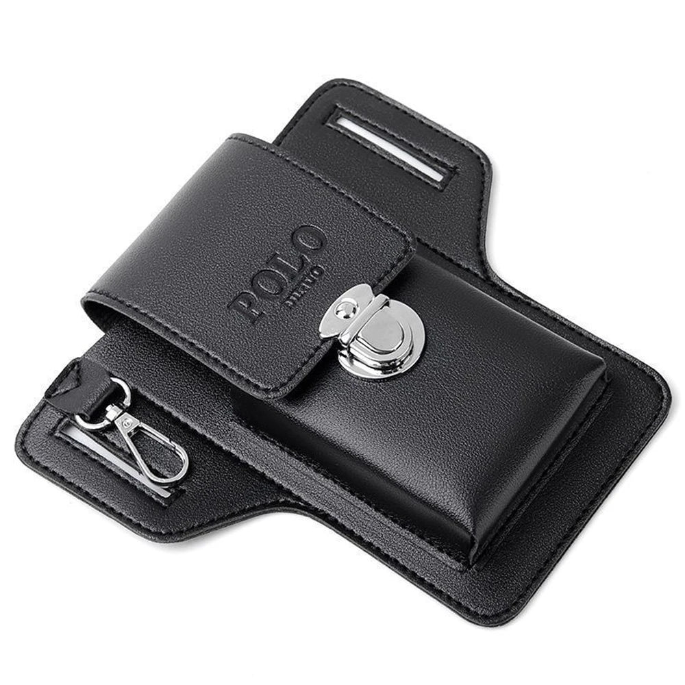 Black PU leather hands-free waist bag with a silver snap closure and a flap design.