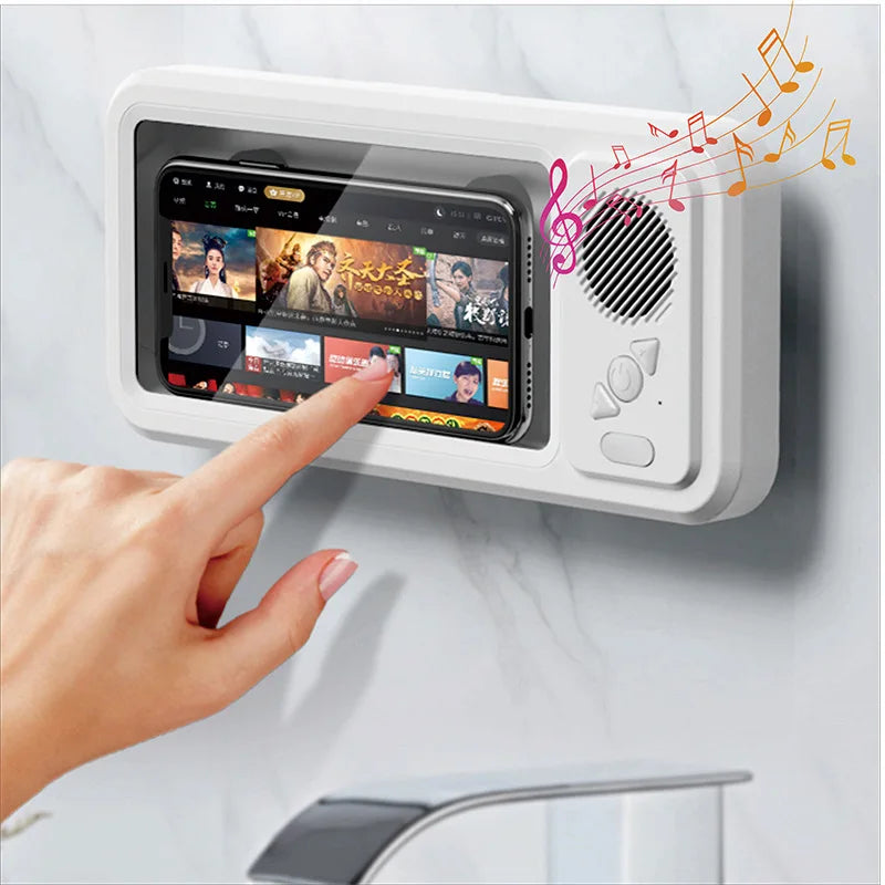 A hand is interacting with a white waterproof shower phone holder featuring a screen and speaker.