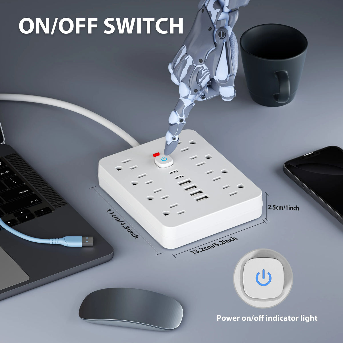 A white power strip with multiple outlets and USB ports is shown next to a laptop, a mouse, and a hand model.