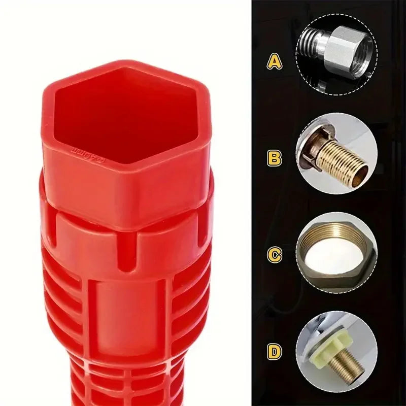 Red multifunctional faucet and sink wrench set with various sized hexagonal and cylindrical tools