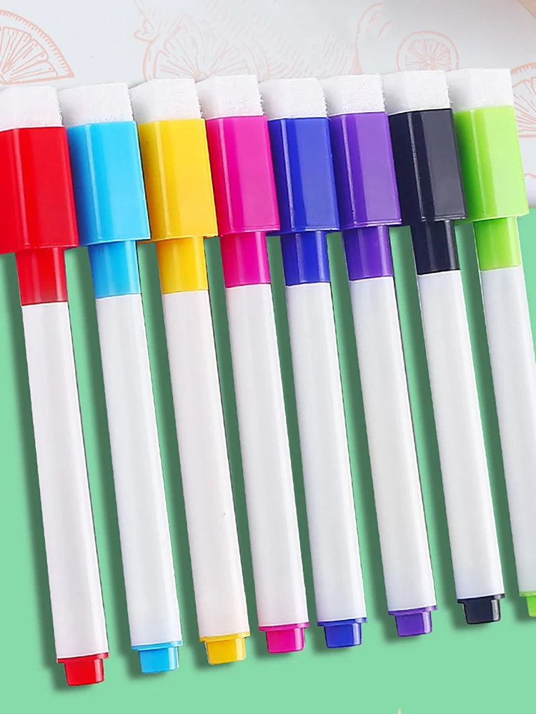 An assortment of eight fine tip whiteboard markers in various colors including red, blue, yellow, pink, purple, black, and gr