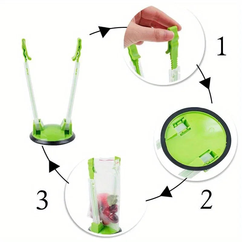 Diagram showing how to use an adjustable bag holder rack for kitchen storage and drying with a hand demonstrating the mechani