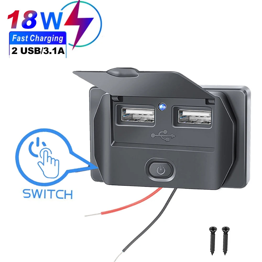 A black dual USB car charger adapter with a switch and cables is shown, featuring 18W fast charging capability.