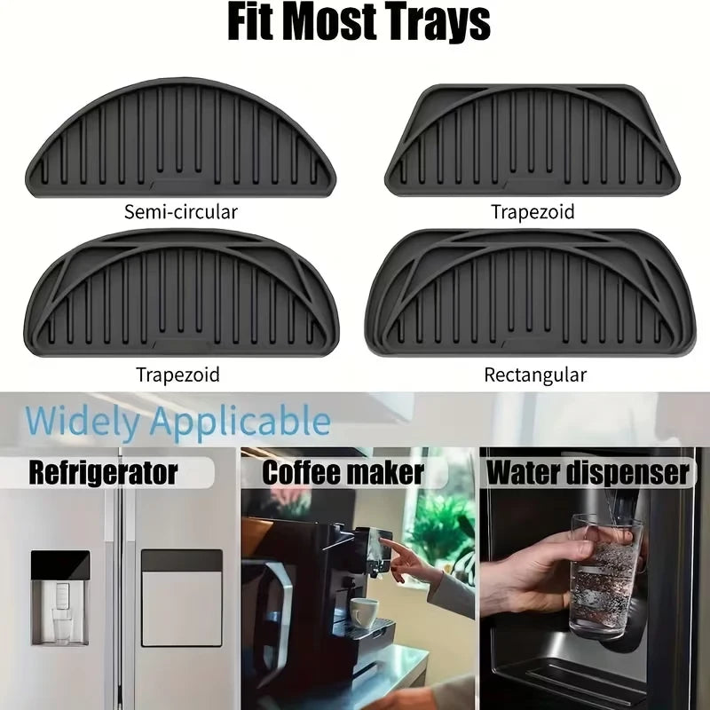 Silicone drip trays in semi-circular, trapezoid, and rectangular shapes for various appliances.