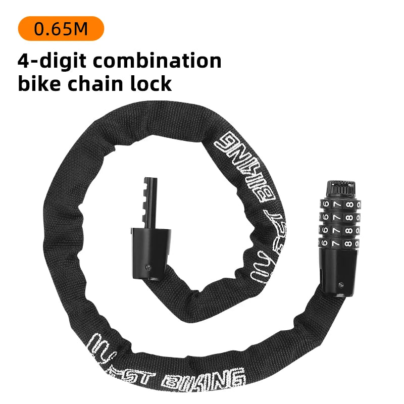 Black 4-digit combination bike chain lock with a key and a coil cable.
