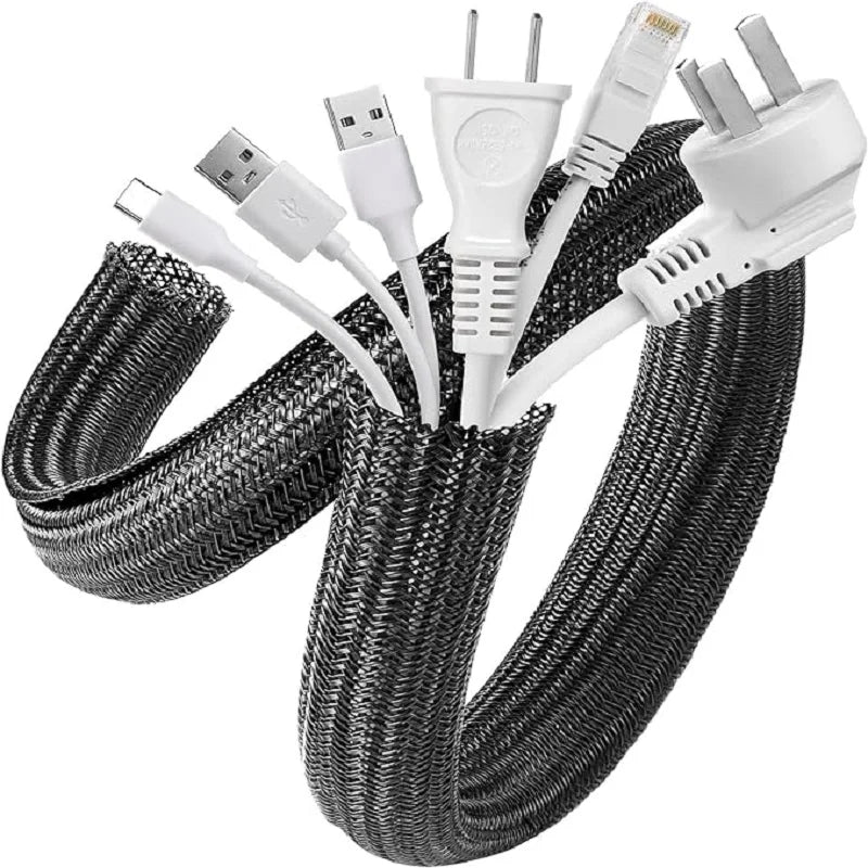 Expandable braided cable sleeve with multiple power outlets for desk and home organization
