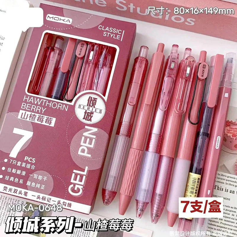 A pack of seven pink and purple gel pens from the Moka Classic Style series displayed in a retail box.