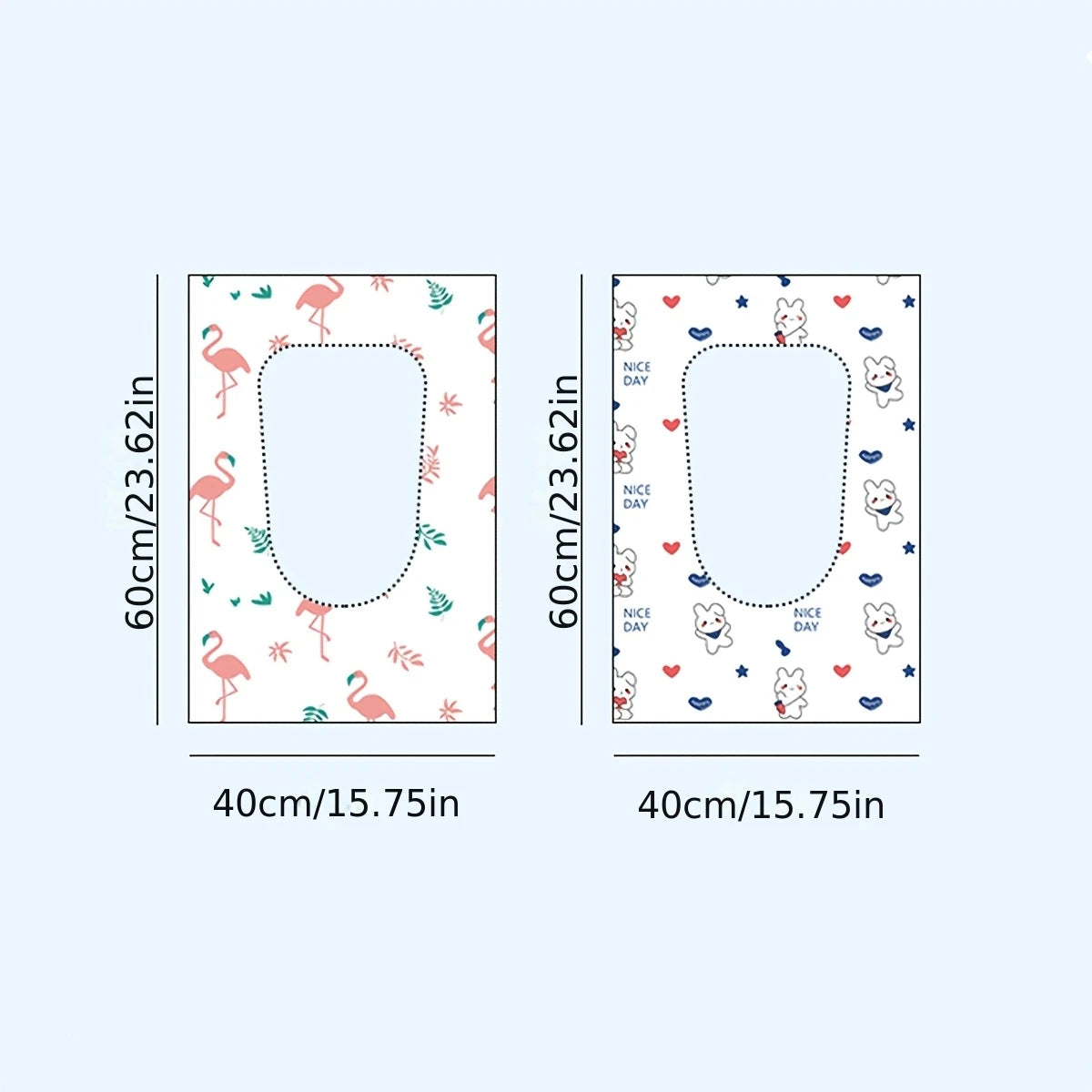 A set of disposable toilet seat covers featuring a pattern of pink flamingos and hearts for travel.