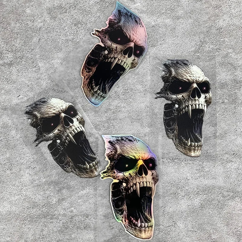 A collection of stylized skull decals featuring vibrant, iridescent colors and dark shading on a gray background.