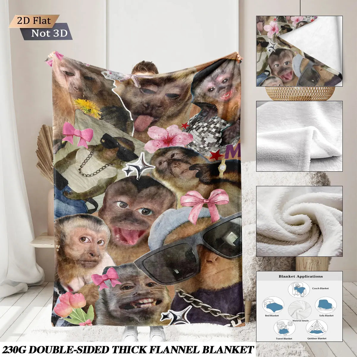 Funny Monkey Print Flannel Blanket – Soft & Cozy Throw