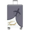 A gray suitcase with a protective cover featuring an airplane silhouette and the text Time to Travel.