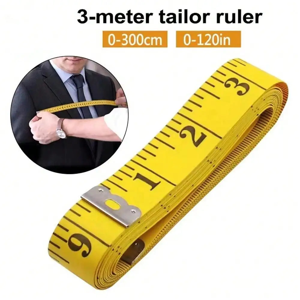 Yellow 3-meter tailor ruler measuring tape showing markings for sewing and body measurements.