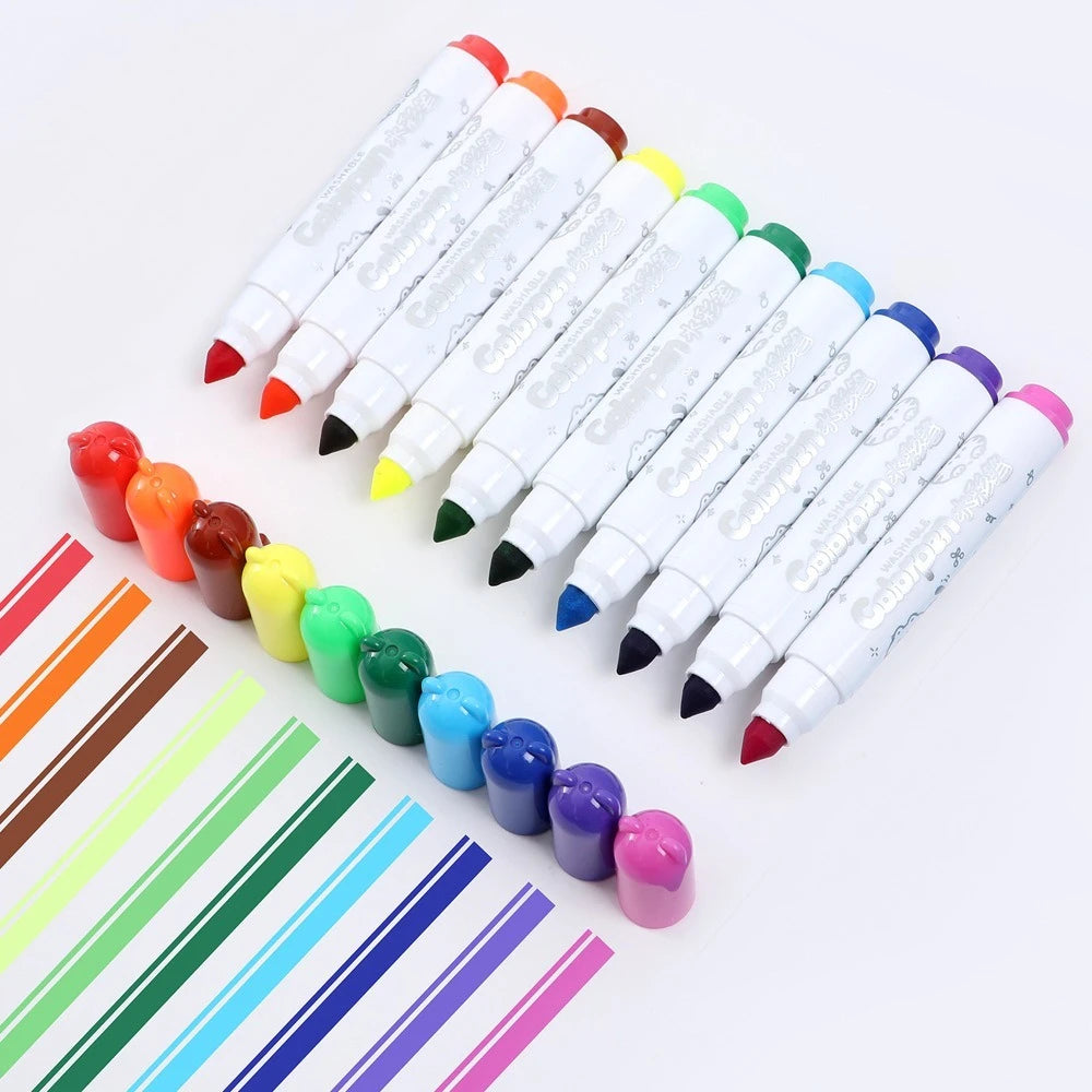 A set of 24 washable art markers in various colors arranged diagonally on a white background.