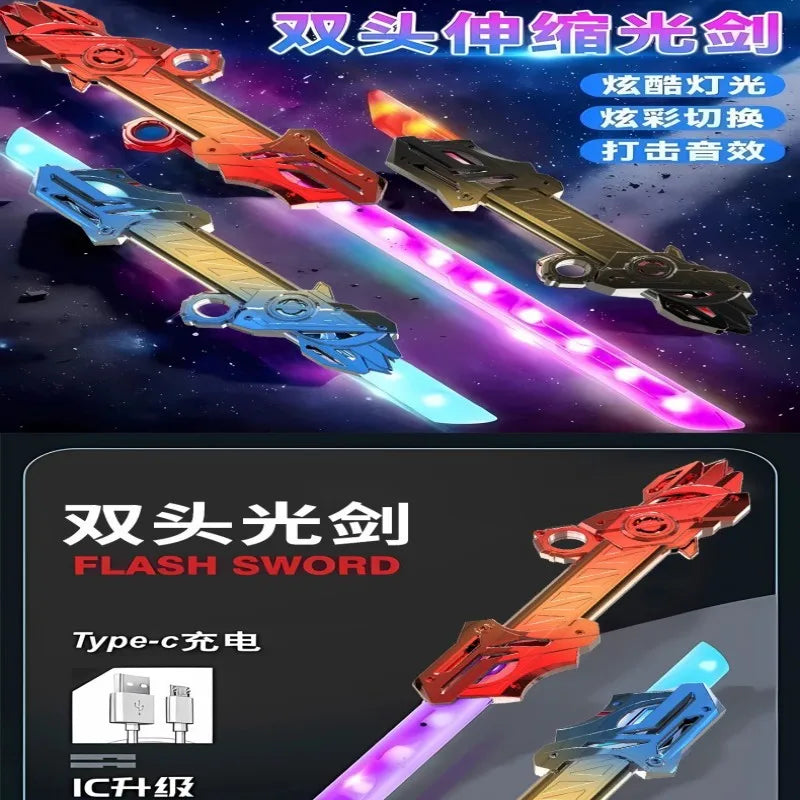 A close-up of a red and blue double-ended LED lightsaber with telescopic blades glowing brightly against a dark background.